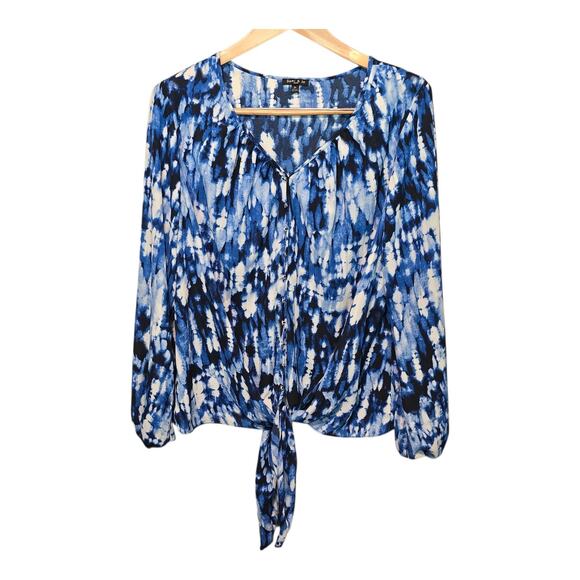 Sami & Jo Plus Size Womens Top 2X Tie Front Balloon Sleeve Artsy Colorful Career - Picture 2 of 11